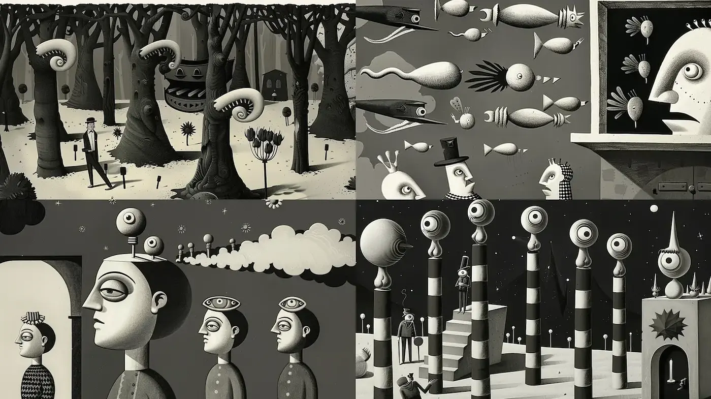 Surrealistic and Whimsical Monochrome Composition with Distinctive Characters - Midjourney sref style