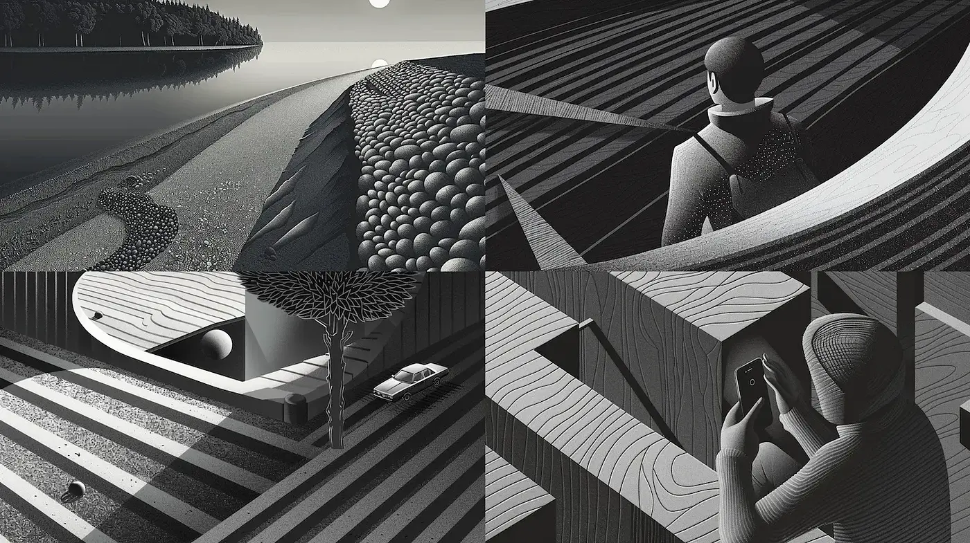 Minimalistic Black and White Illustrations with Strong Geometric Elements and Ambient Mood - Midjourney sref style