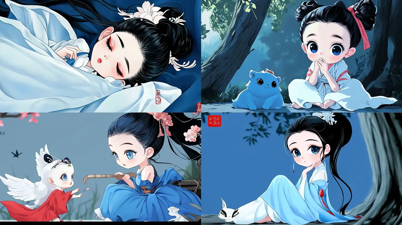Enchanting Azure Dreamscape: A Synthesis of Traditional Anime and Vibrant Storybook Aesthetics - Midjourney sref style
