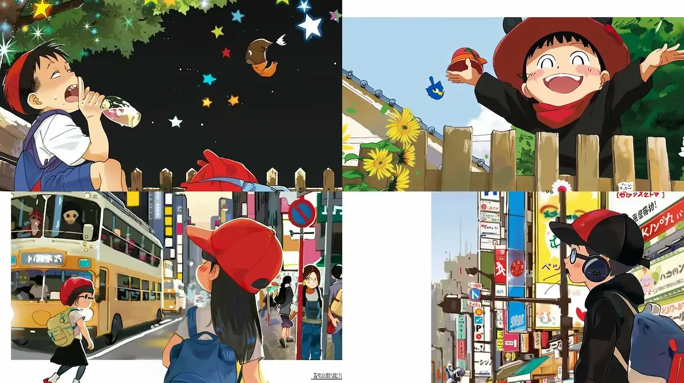 Vibrant, whimsical Japanese urban scenes conveying joyous nostalgia - Midjourney sref style