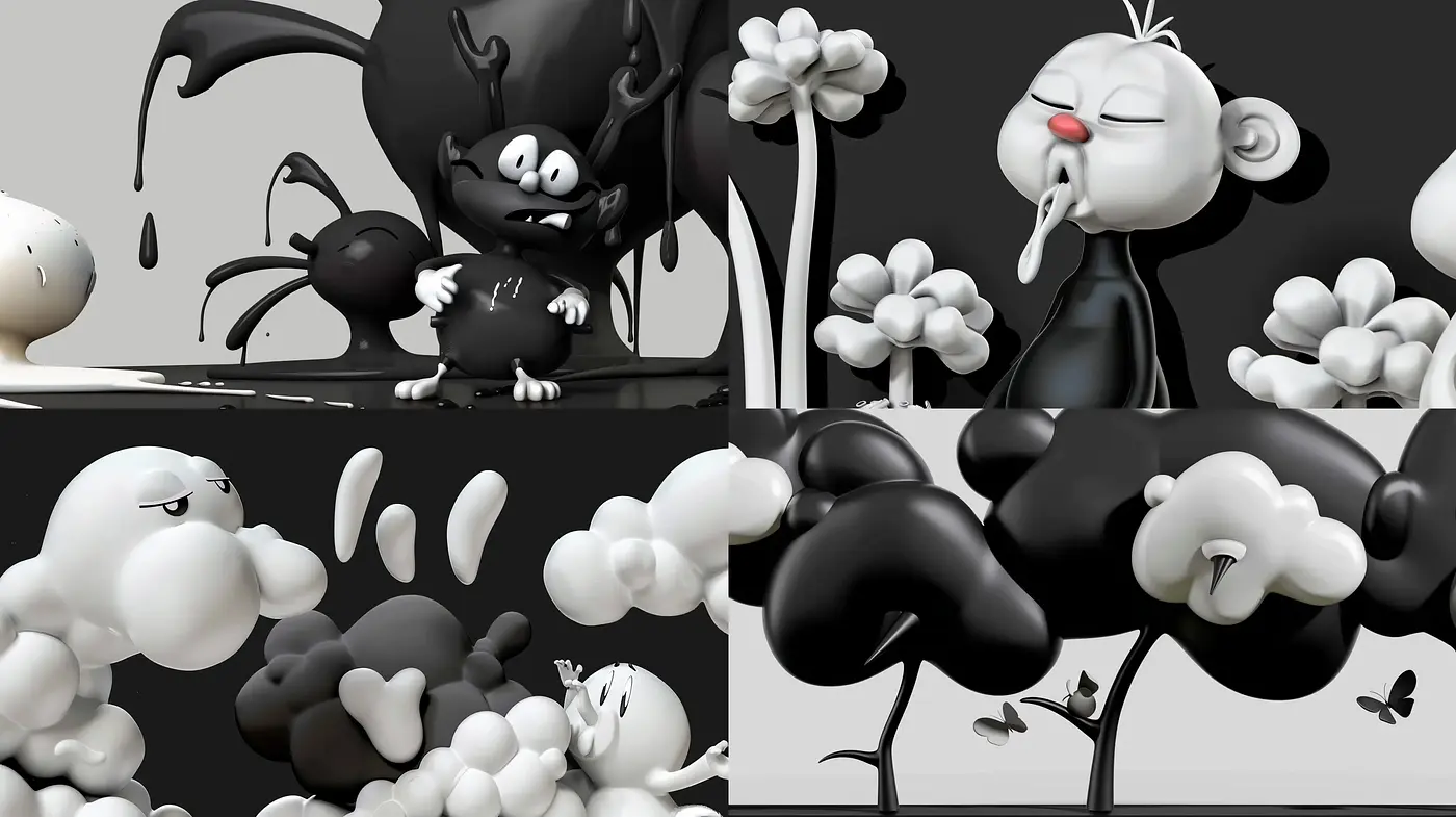 Monochromatic Whimsy: A Whimsical Dance of Blacks and Whites in a Surrealist Dreamscape - Midjourney sref style