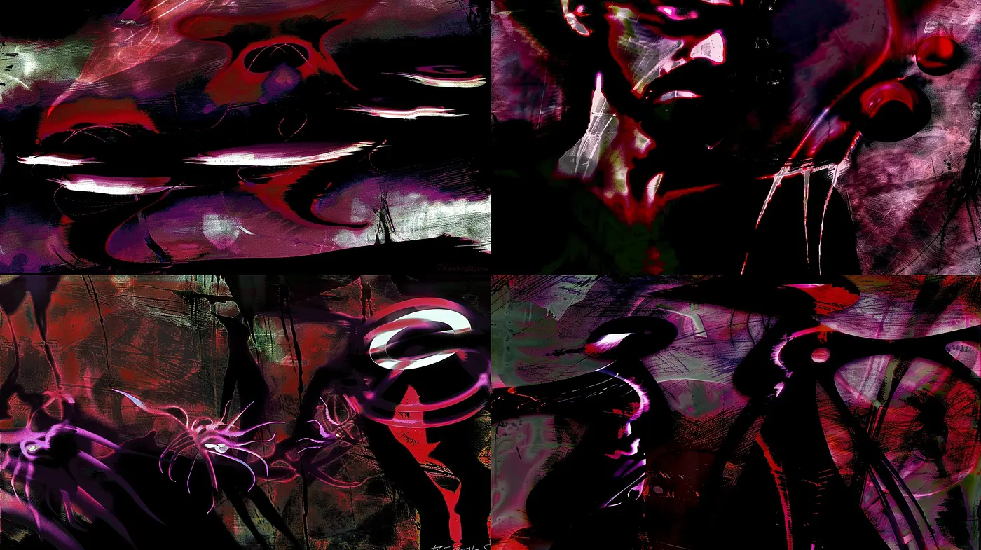 Abstract Nocturnal Symphony: A Meld of Vibrant Darkness and Streaks of Radiant Hues - Midjourney sref style