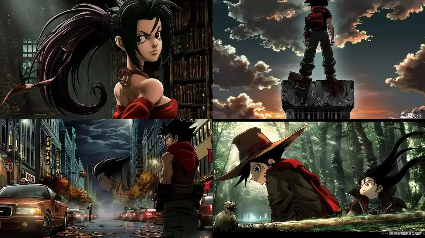 Dynamic and expressive anime-inspired illustrations with urban and mystical elements - Midjourney sref style