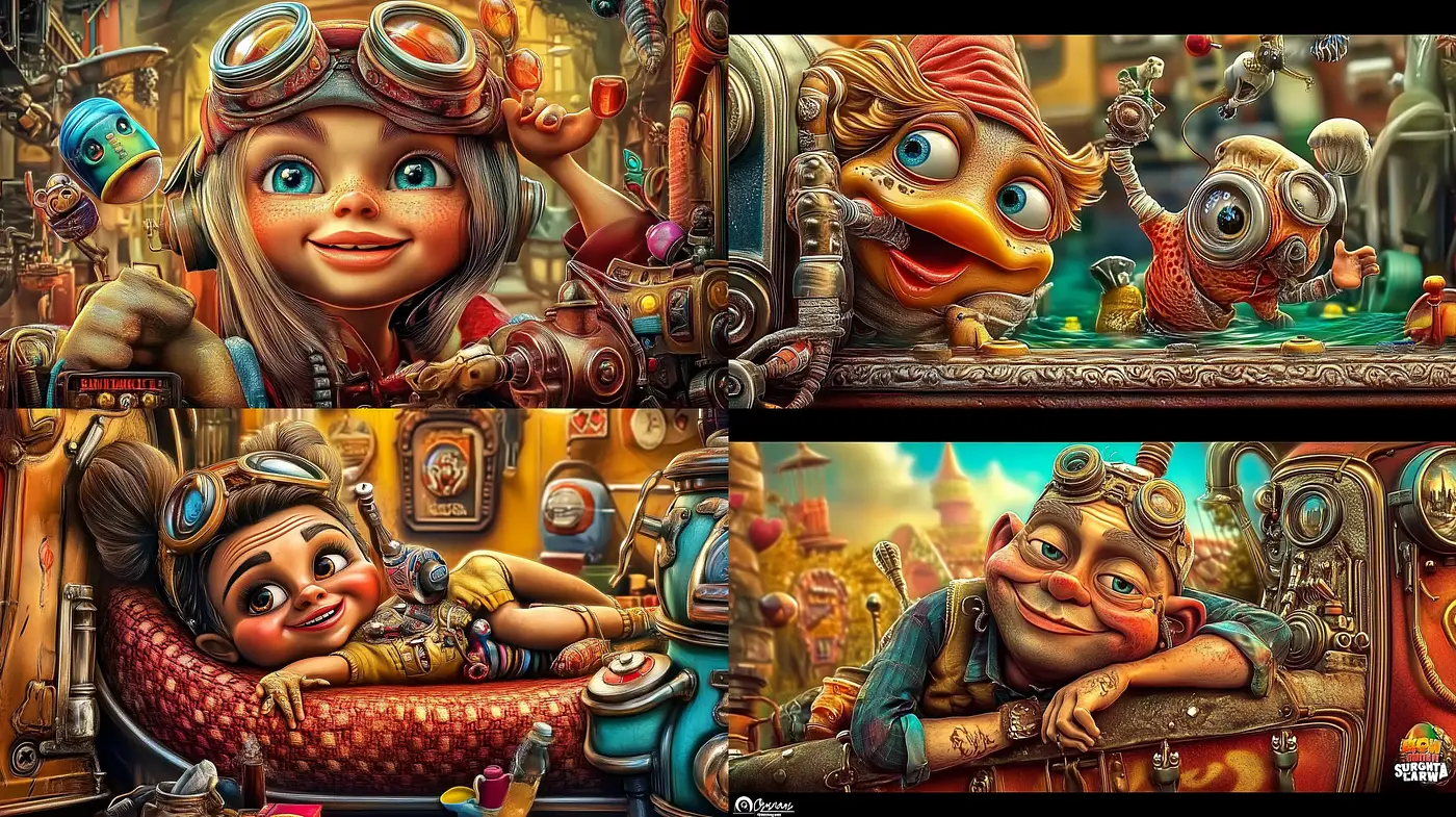 Vibrant Steampunk Whimsy: A Fusion of Retro-Futuristic Imagery and Playful Artistry - Midjourney sref style