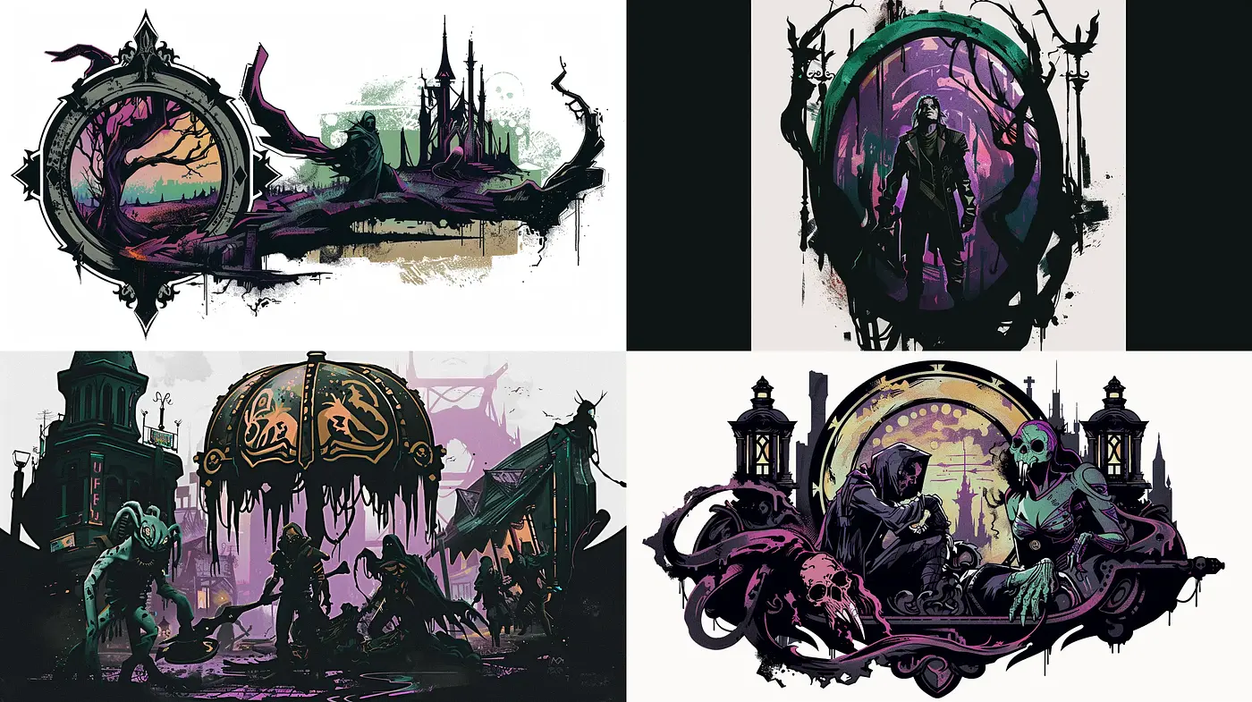 Gothic Fantasy in Muted Purples and Greens - Midjourney sref style