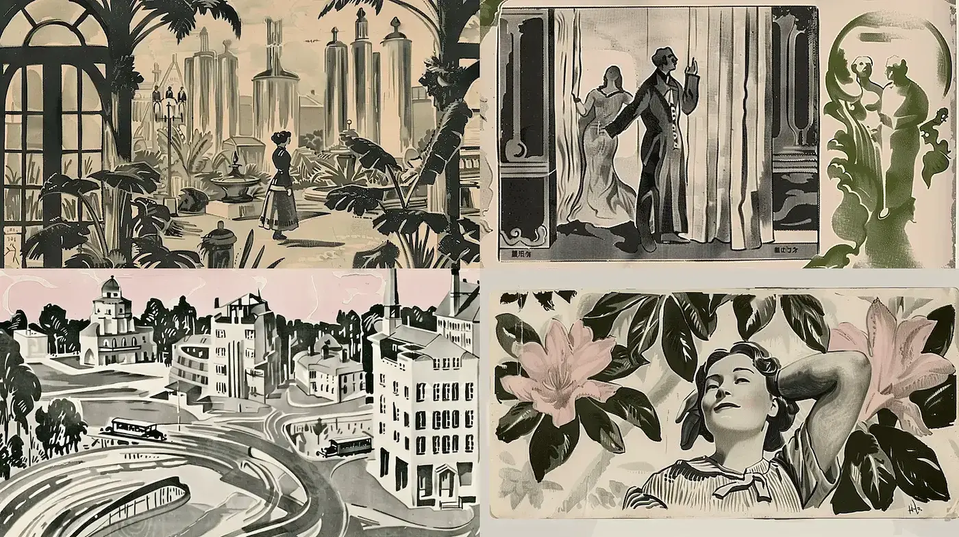Stylized Art Deco Influenced Illustrations with a Retro Aesthetic - Midjourney sref style
