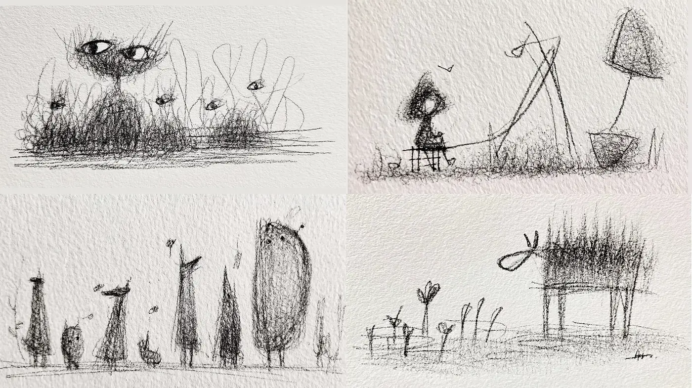 Contemporary Sketch Art with Whimsical Elements - Midjourney sref style