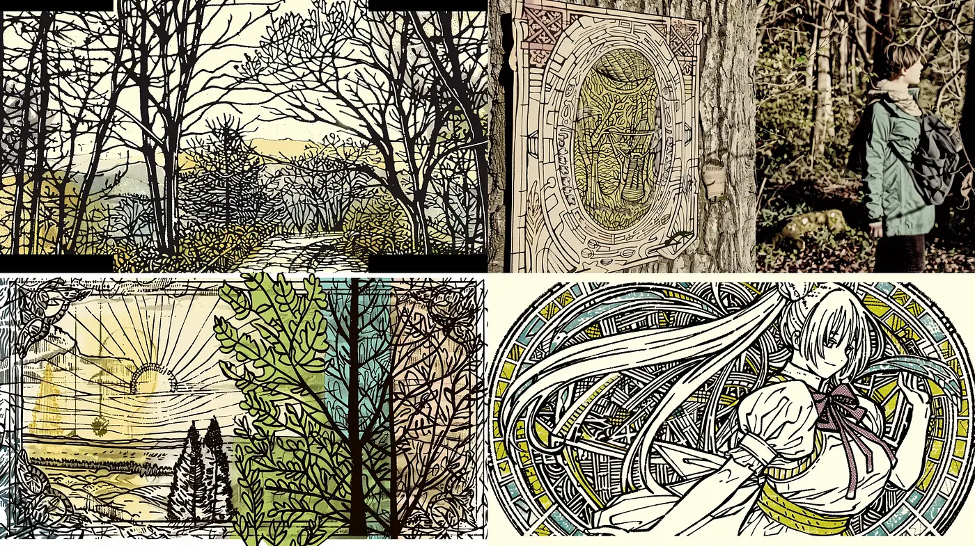 Intricate Art Nouveau Fusion with Stylized Nature and Stained Glass Elegance - Midjourney sref style