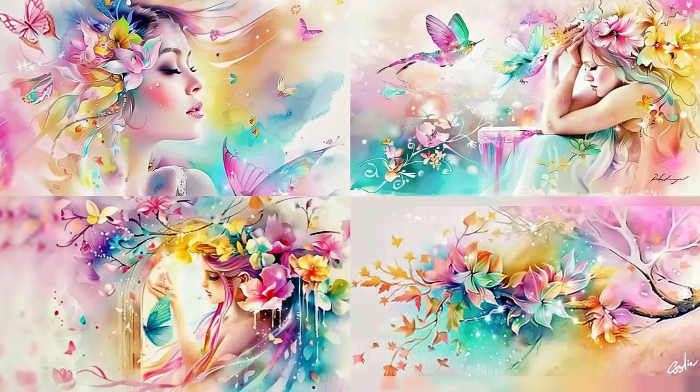 Ethereal Pastel Dreamscape with Floral Whimsy - Midjourney sref style
