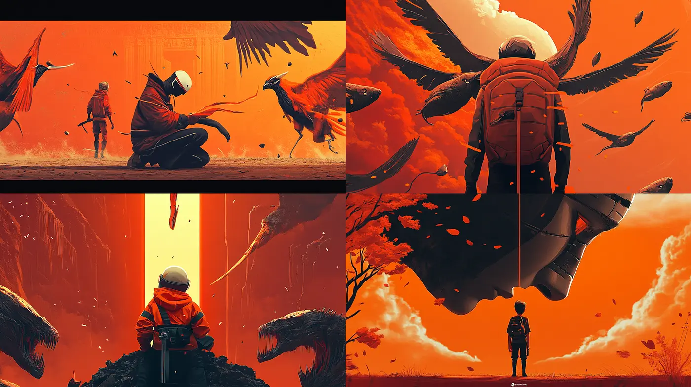 Dynamic and Atmospheric Futuristic Illustrations with a Powerful Color Palette - Midjourney sref style