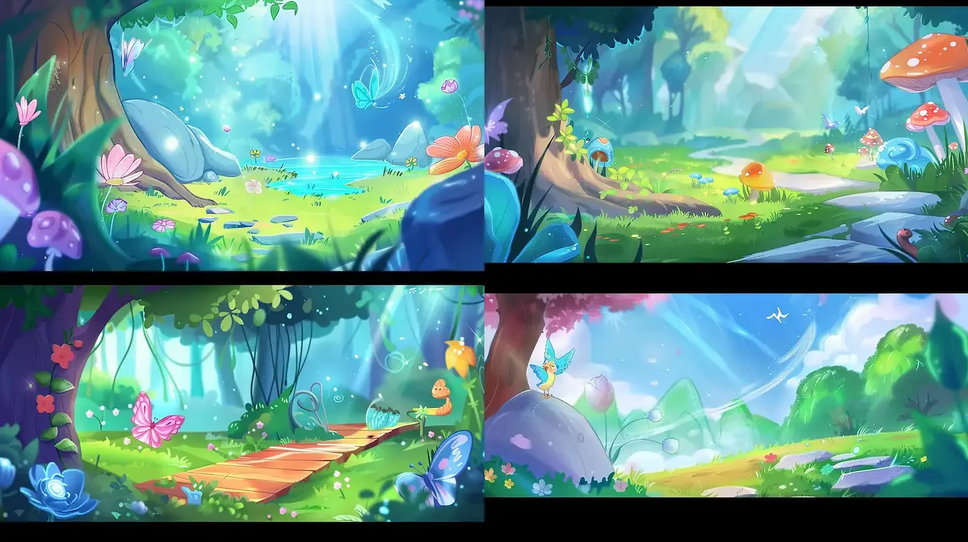 Whimsical and Enchanting Forest Landscapes with a Vibrant Color Palette - Midjourney sref style