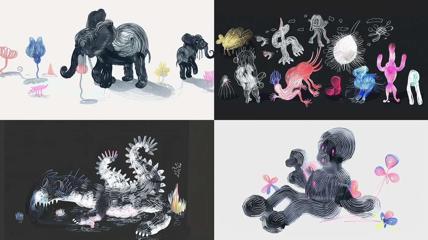Surrealistic Dreamscape: A Fusion of Whimsical Sketches and Ethereal Shades - Midjourney sref style
