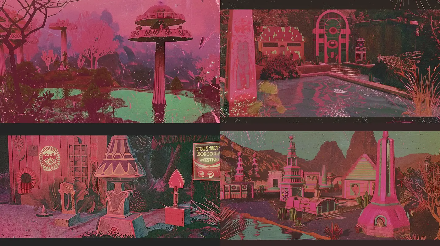 Twilight Hues and Surreal Landscapes: A Retro-Futuristic Journey - Midjourney sref style