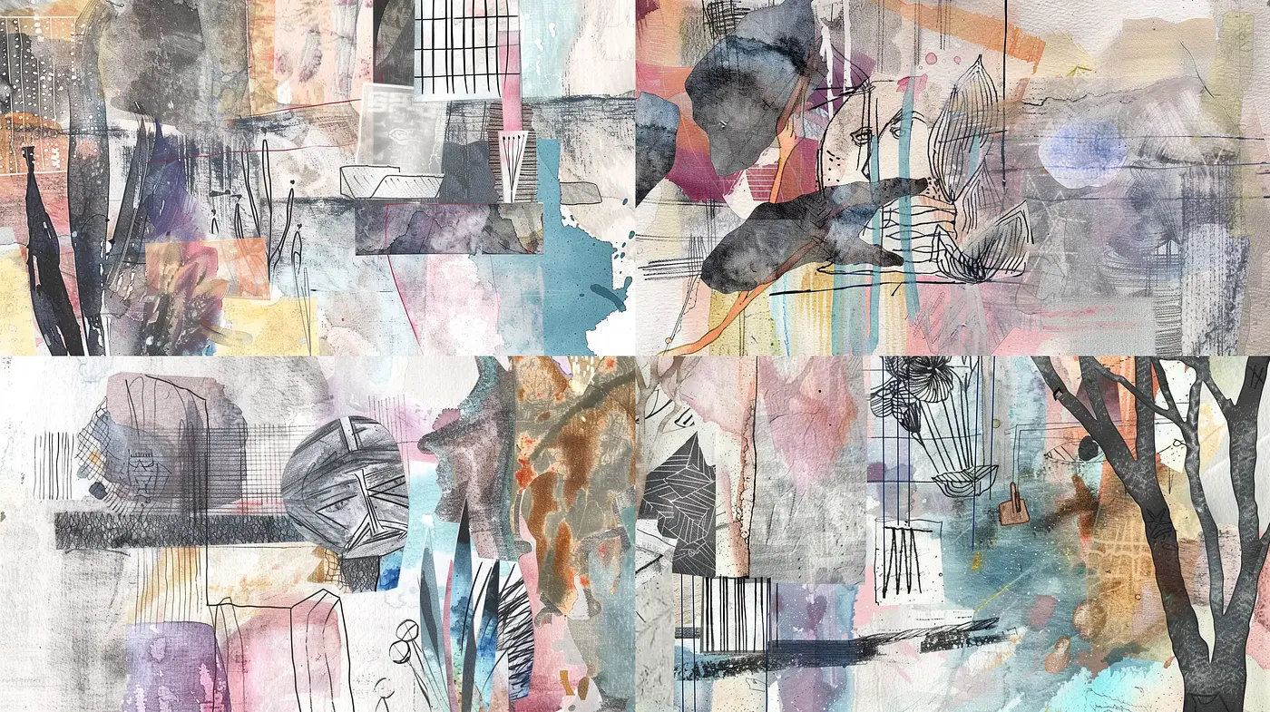 Abstract Watercolor Collage Exploration - Midjourney sref style