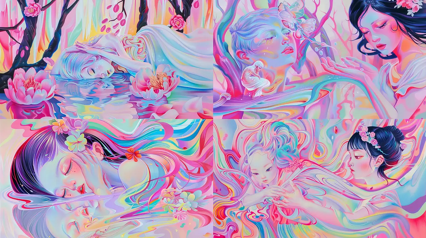 Surreal Pastel Dreamscape with Ethereal Figures - Midjourney sref style
