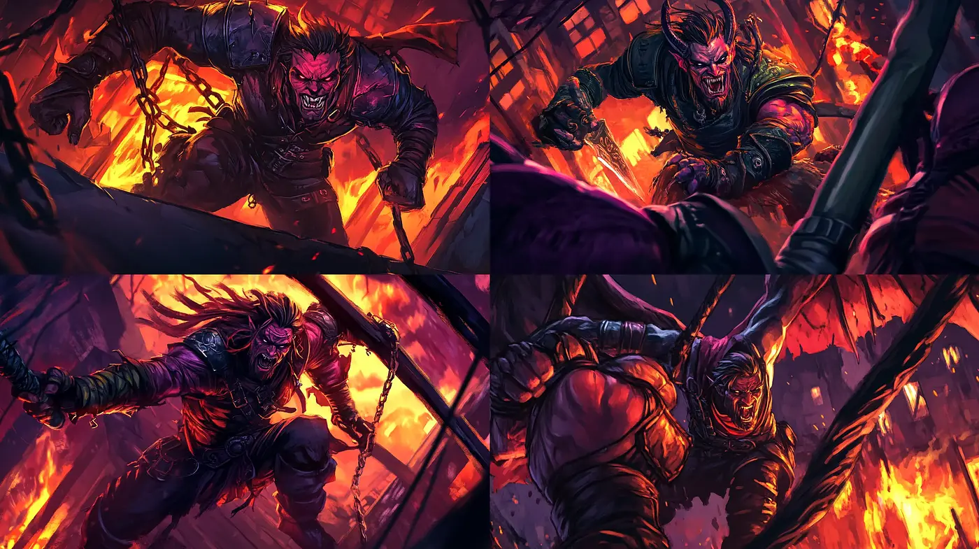 Dynamic Fury: Intense Action in Vivid Crimson Shadows - Midjourney sref style