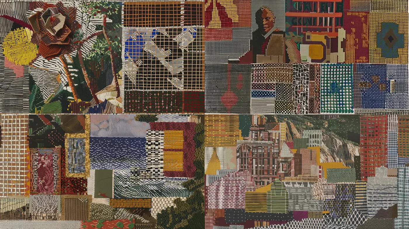 Tapestry of Textured Patchworks: An Interplay of Woven and Fabric Simulacra - Midjourney sref style