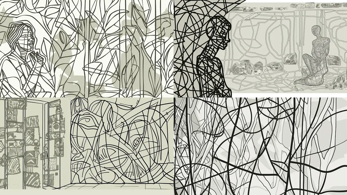 Synchronized Labyrinth of Lines: An Homage to Modernist Contours - Midjourney sref style