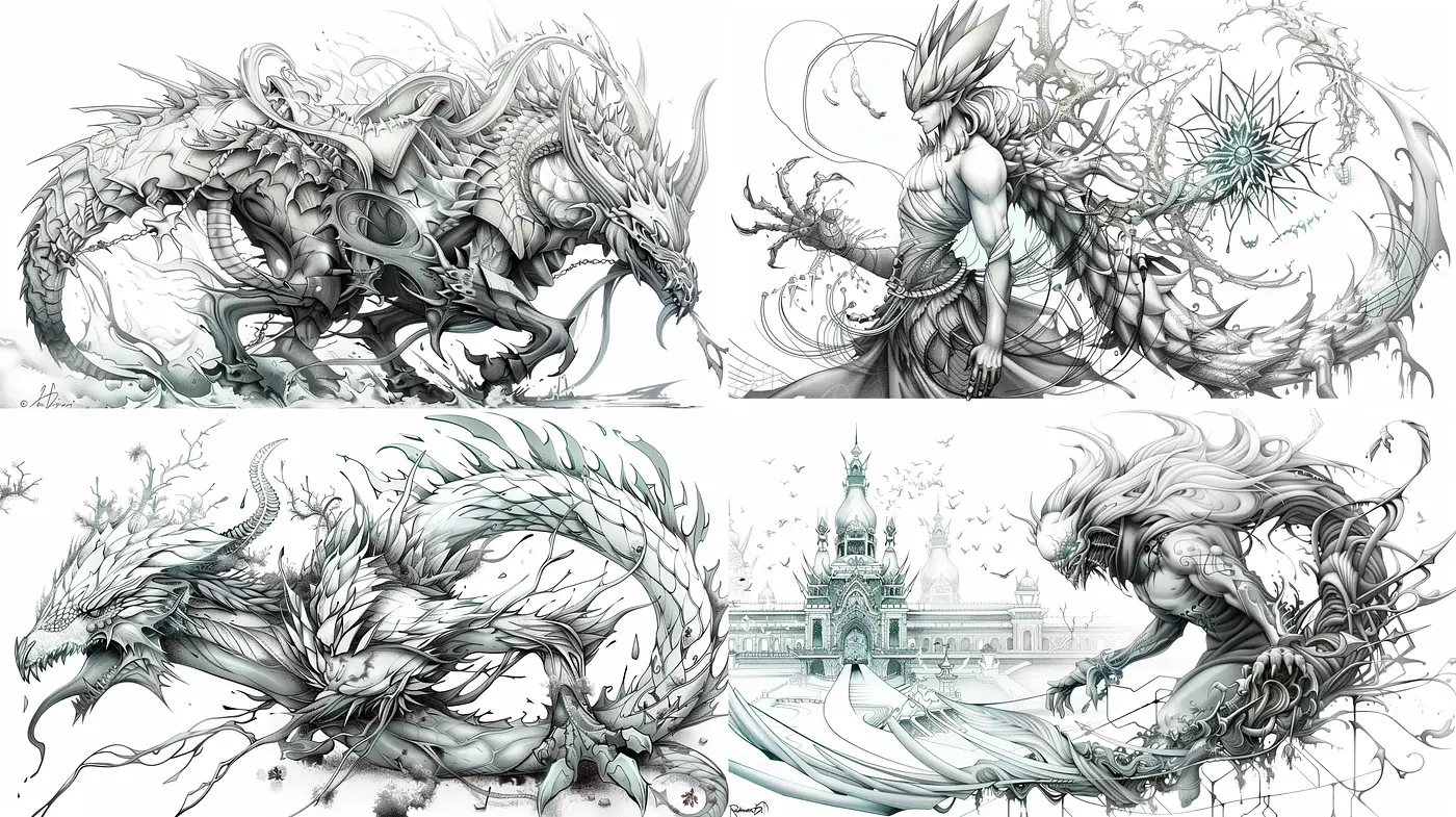 Monochromatic Fantasia: An Ethereal World of Dragons and Dreams - Midjourney sref style