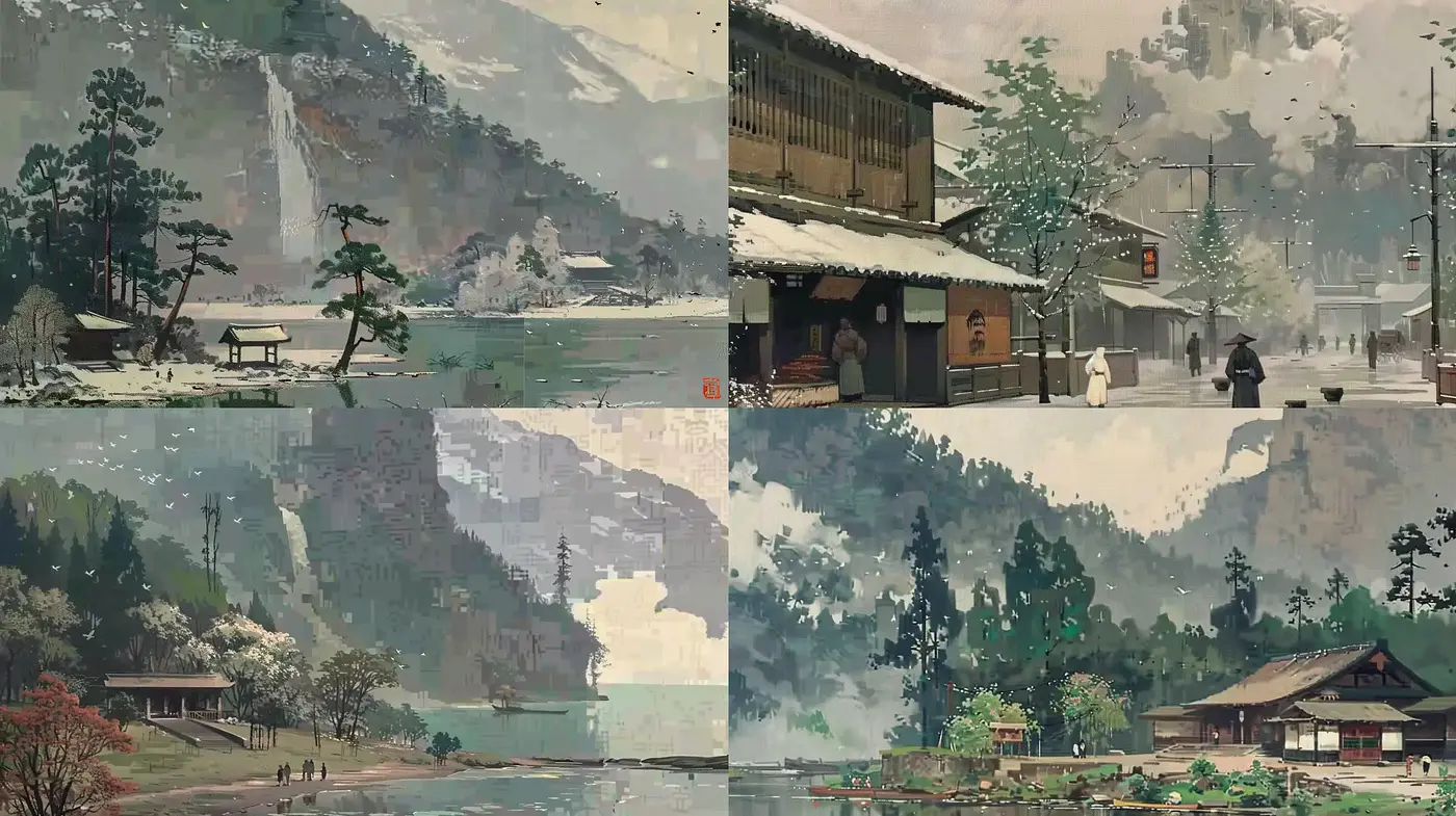Tranquil Japanese-Inspired Landscape Tableaus with Vintage Textures - Midjourney sref style