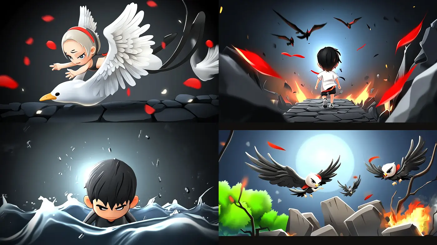 Dramatic Contrasts and Vivid Storytelling in Dynamic Anime-Inspired Tableaus - Midjourney sref style