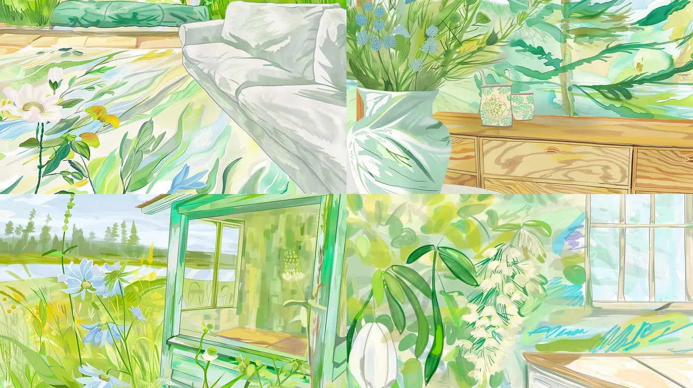 Serene Pastoral Impressions: A Synchronized Harmony of Nature in Stylized Brushwork - Midjourney sref style