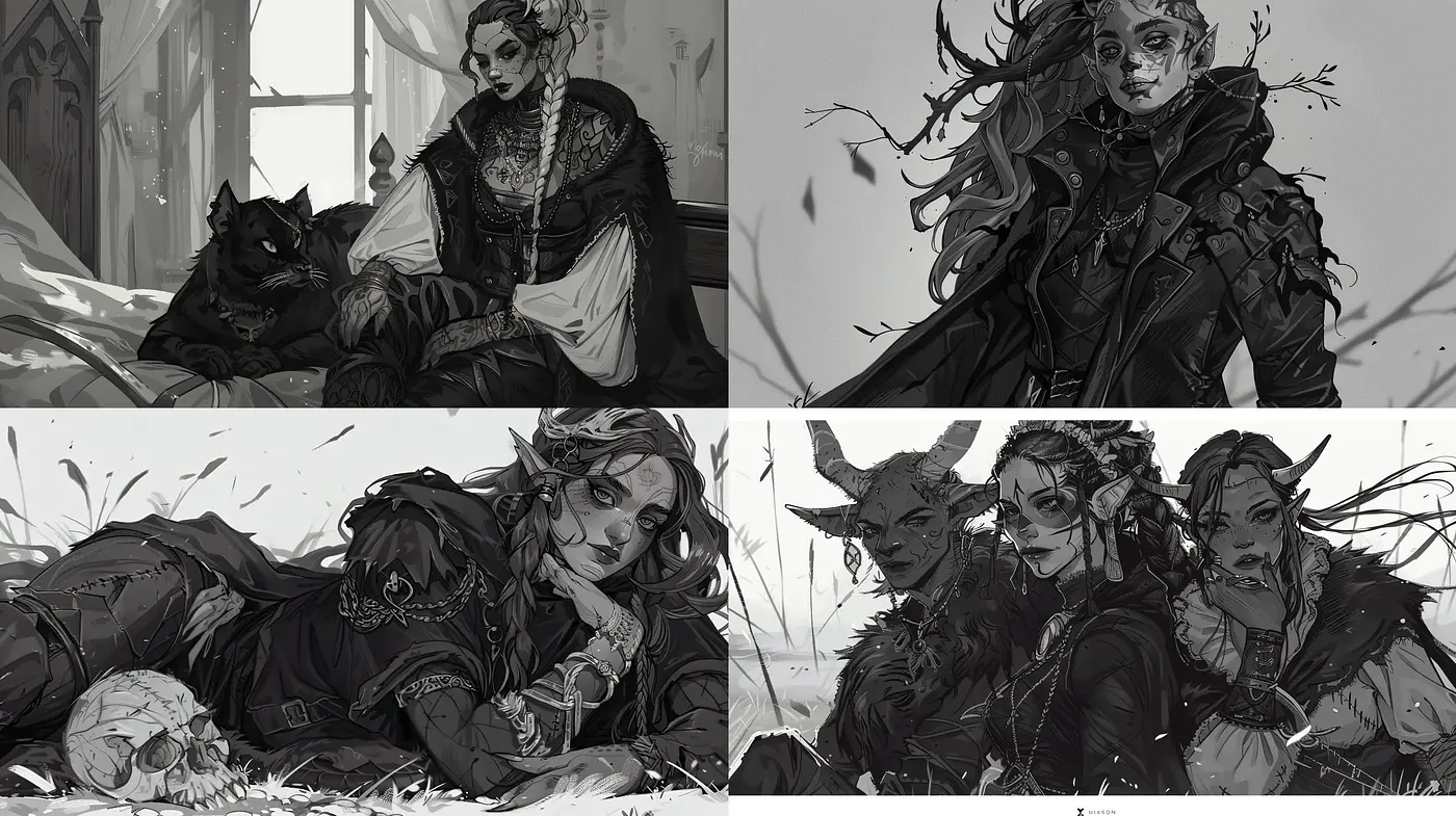 Monochromatic Gothic Fantasy Fusion - Midjourney sref style