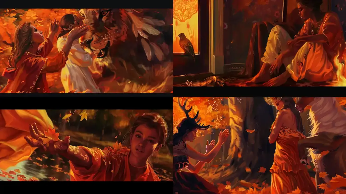 Dynamic warmth and fluidity in an autumnal fantasy setting with expressive character interactions - Midjourney sref style