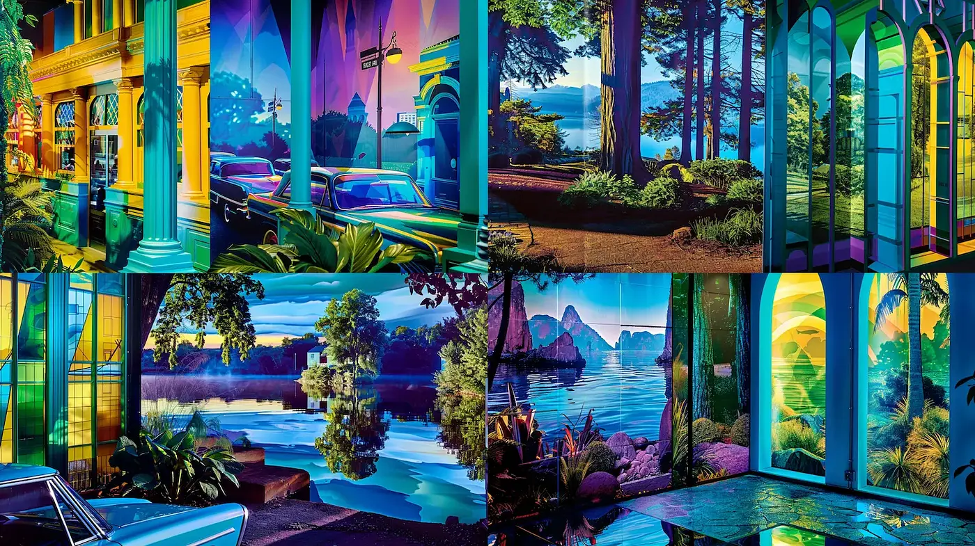 Vibrant Tropical Surrealism with Geometric Architecture - Midjourney sref style