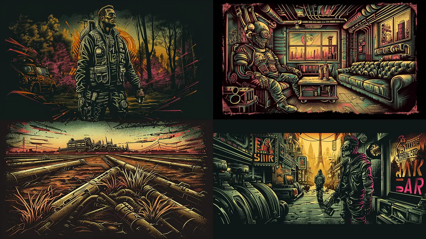 Noir-Inspired Retrofuturistic Vision with Muted Earth Tones - Midjourney sref style
