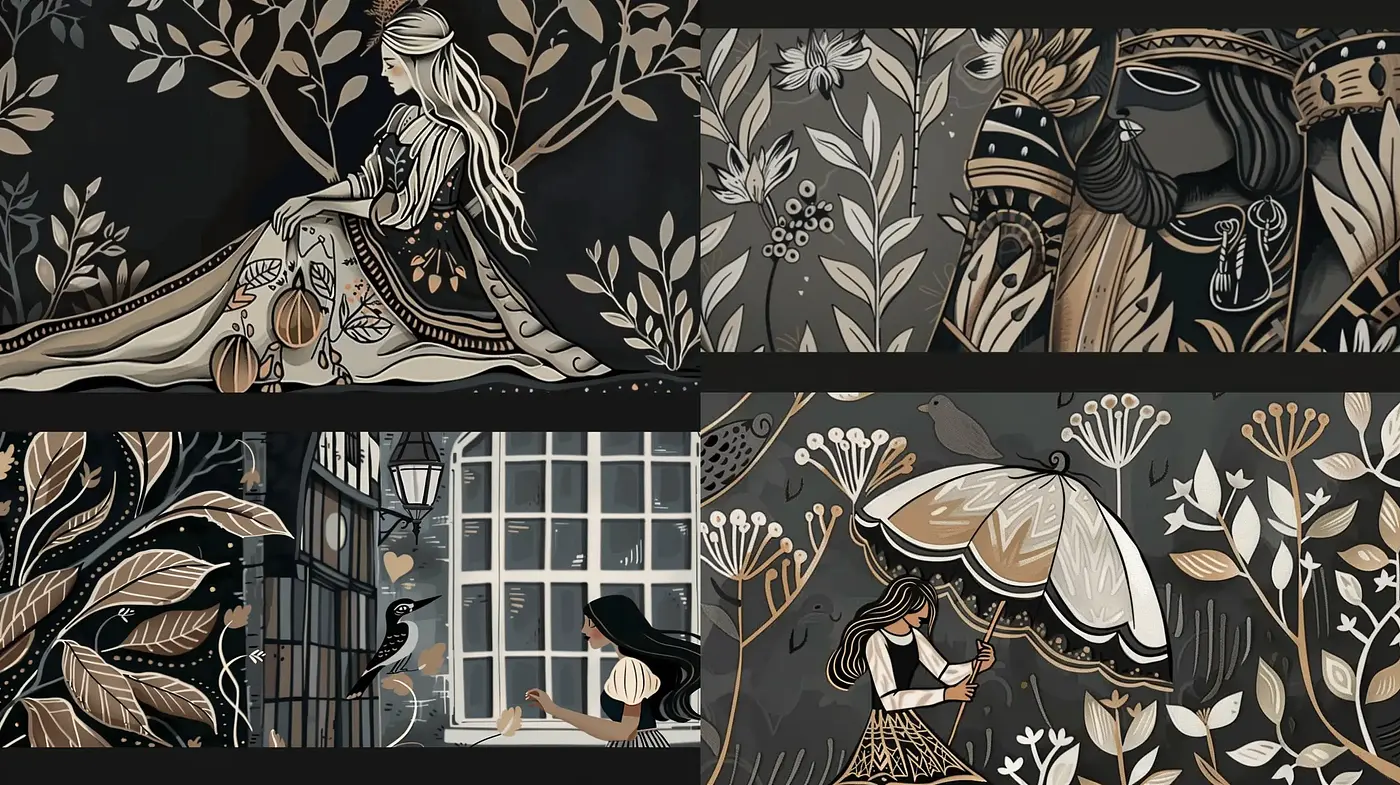 Monochrome Botanical Elegance with Art Nouveau Inspirations - Midjourney sref style