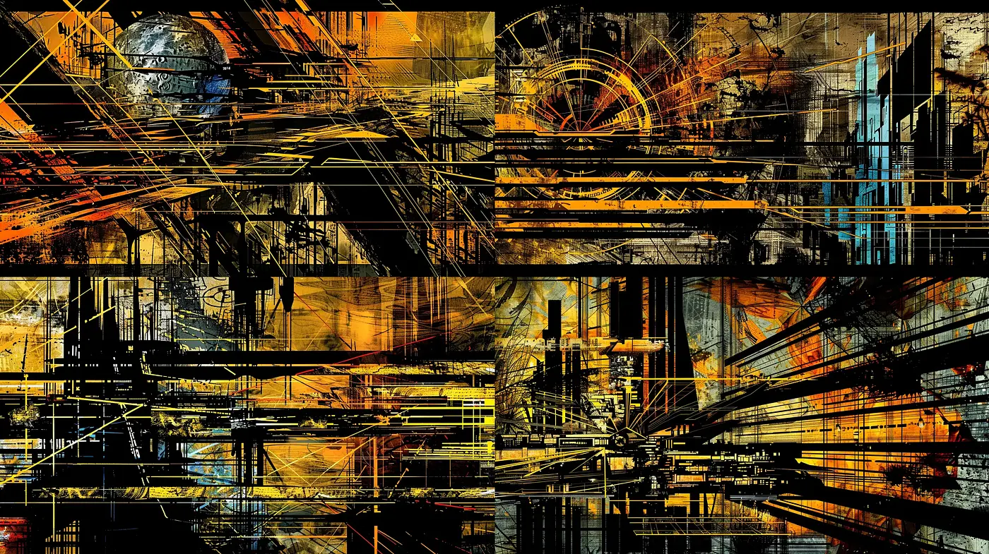 Dystopian Industrial Chaos: A Fusion of Metallic Textures and Abstract Forms - Midjourney sref style
