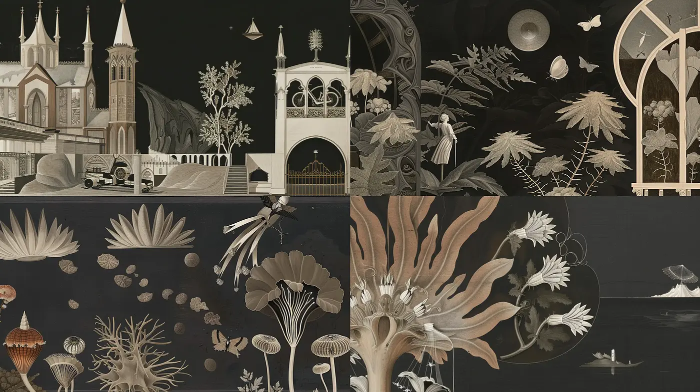 Monochrome Botanical and Architectural Illustration Fusion - Midjourney sref style