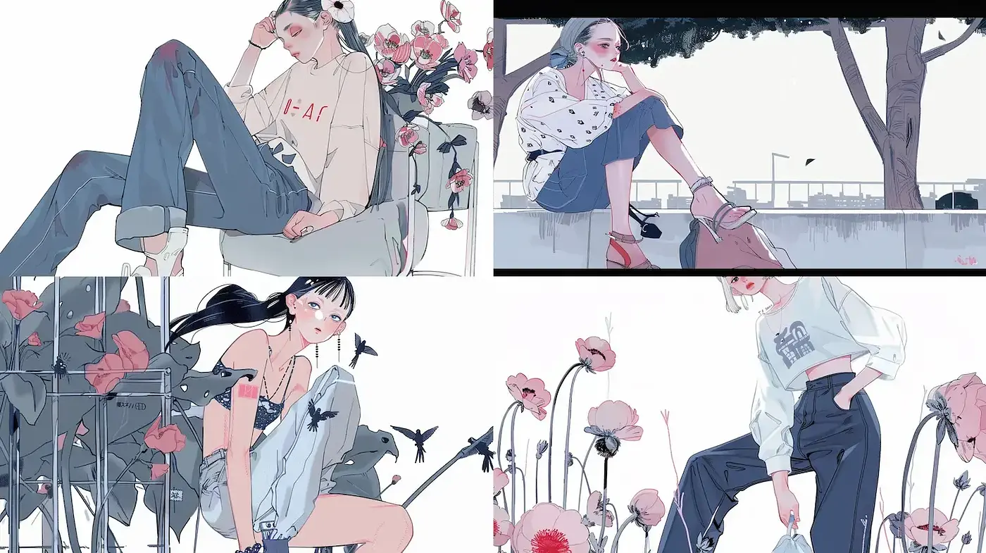 Contemporary Illustrations with Floral Motifs and Soft Color Schemes - Midjourney sref style