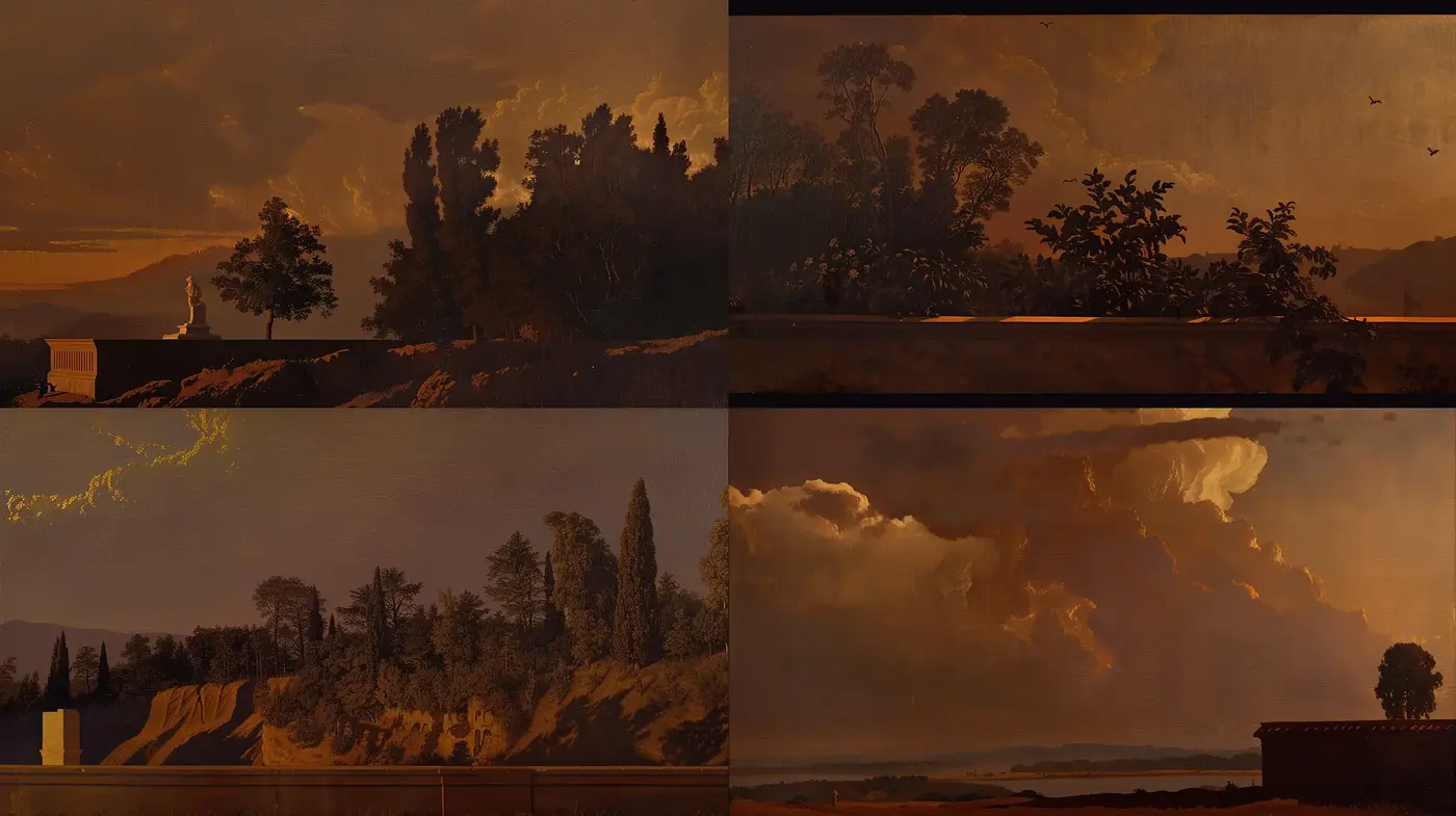 Ethereal Twilight: A Harmonious Blend of Classic Landscape and Warm Tonal Artistry - Midjourney sref style