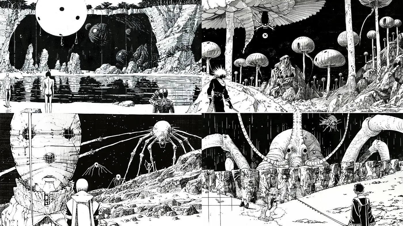 Monochromatic Surrealism with Ink Wash and Crosshatching Techniques - Midjourney sref style