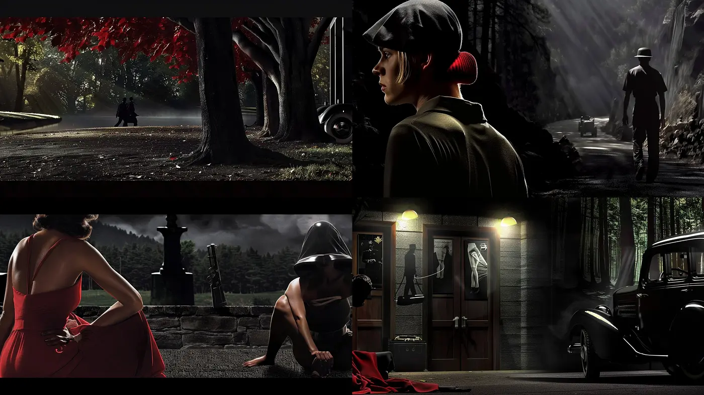 Timeless Elegance: A Symphony of Monochrome and Red Hues in Cinematic Narratives - Midjourney sref style