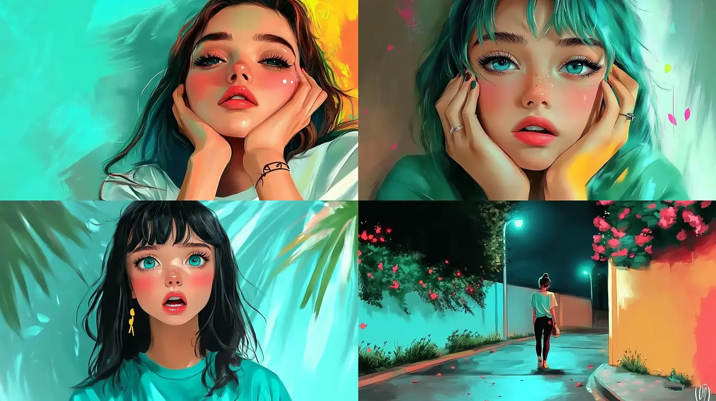 Vibrant Teal and Pink Hues in Expressive Digital Portraiture and Scenes - Midjourney sref style