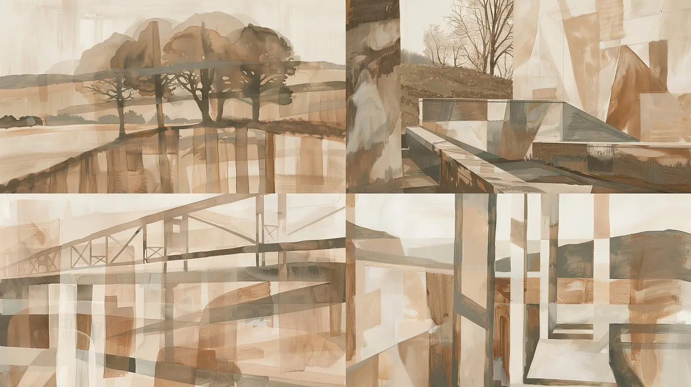 Consistent Sepia Tones and Geometric Abstraction in Digital Montage - Midjourney sref style