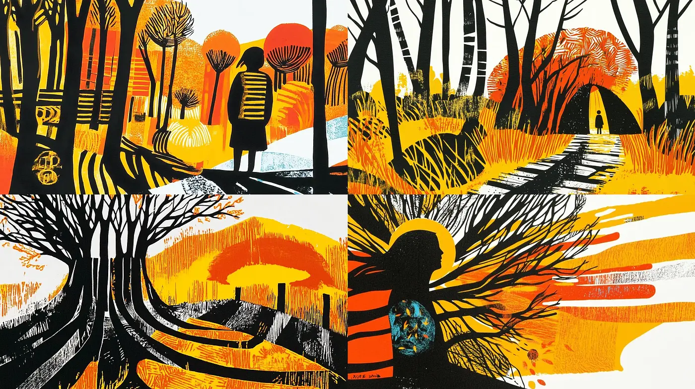 Stylized Autumnal Fusion with Striking Contrasts and Expressive Textures - Midjourney sref style