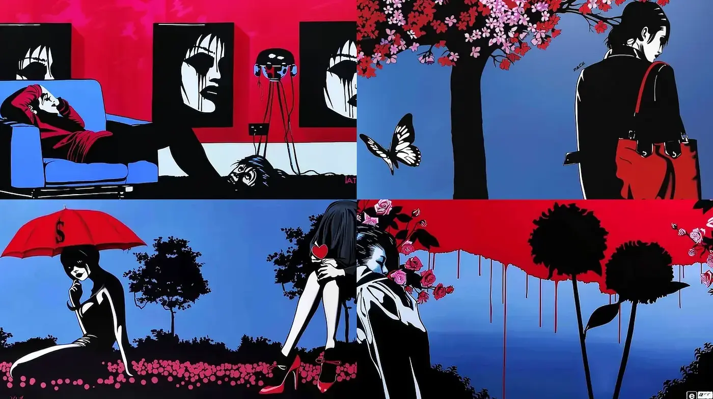 Stark Contrast with a Dramatic Noir and Red Palette - Midjourney sref style