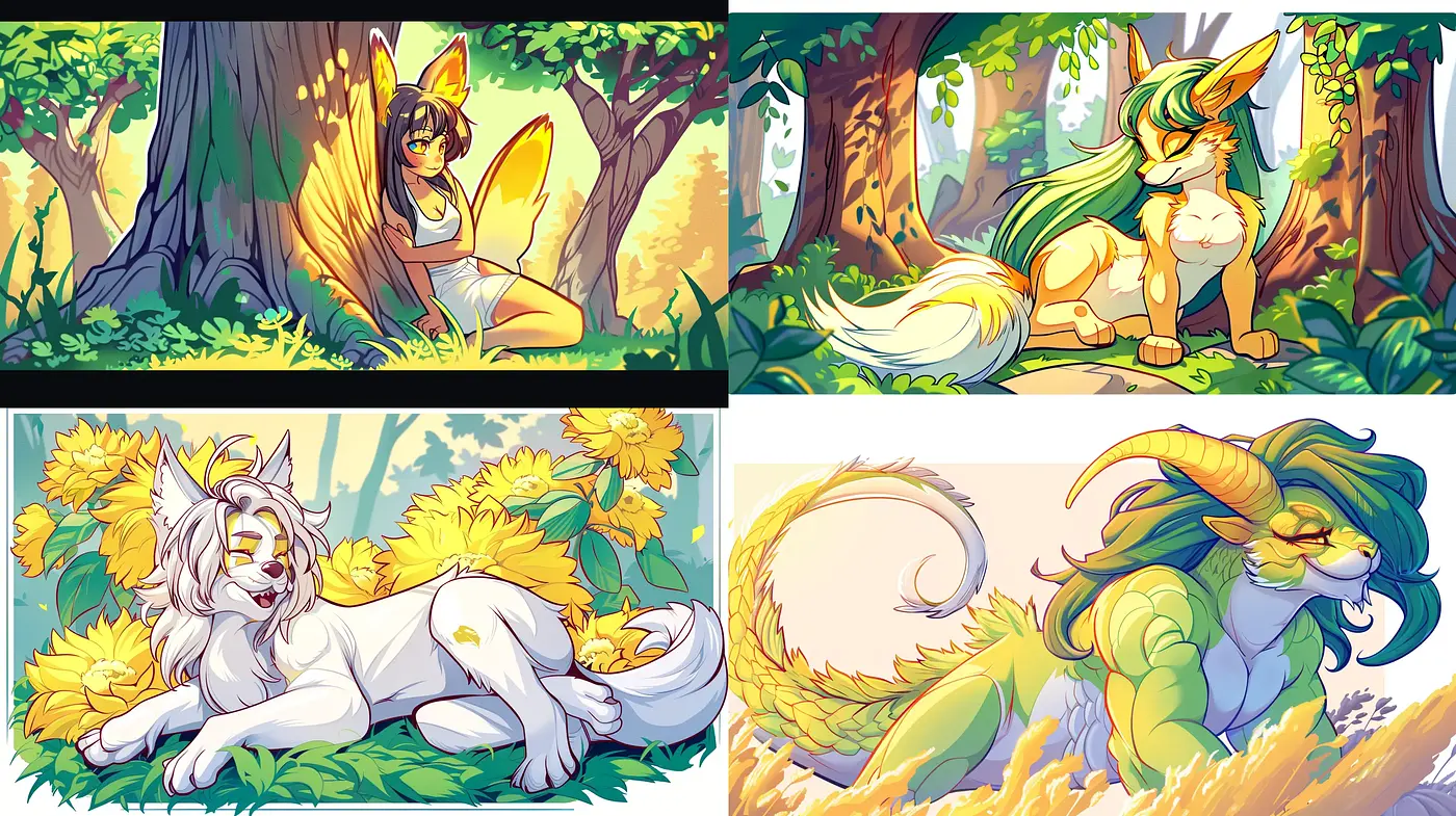 Luminous Mythical Forest Scenes with Vibrant Anime Influence - Midjourney sref style