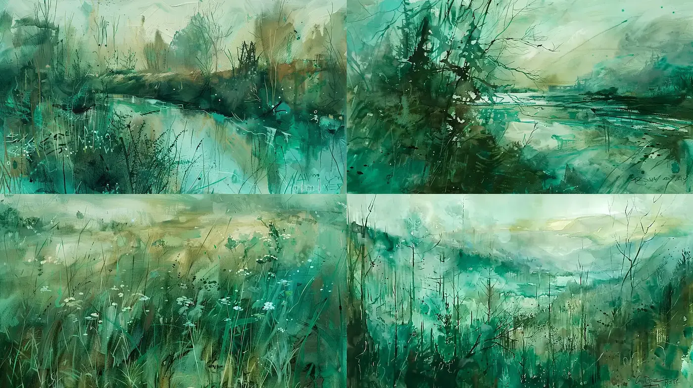 Serene Watercolor Landscapes with Ethereal Green Hues - Midjourney sref style
