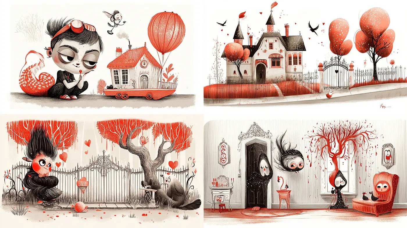 Whimsical Gothic Romance: A Dance of Red Hues and Storybook Imagery - Midjourney sref style