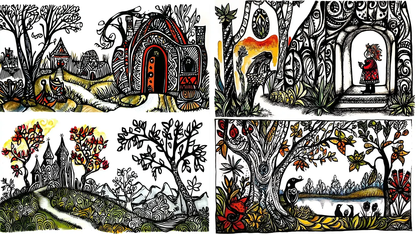 Enchanted Folktale Illustration with Organic Textures and Whimsical Black Line Art - Midjourney sref style