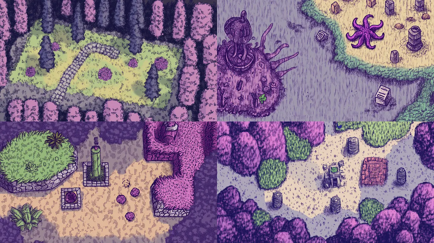 Charming and whimsical pixel art landscapes with vibrant textural details - Midjourney sref style