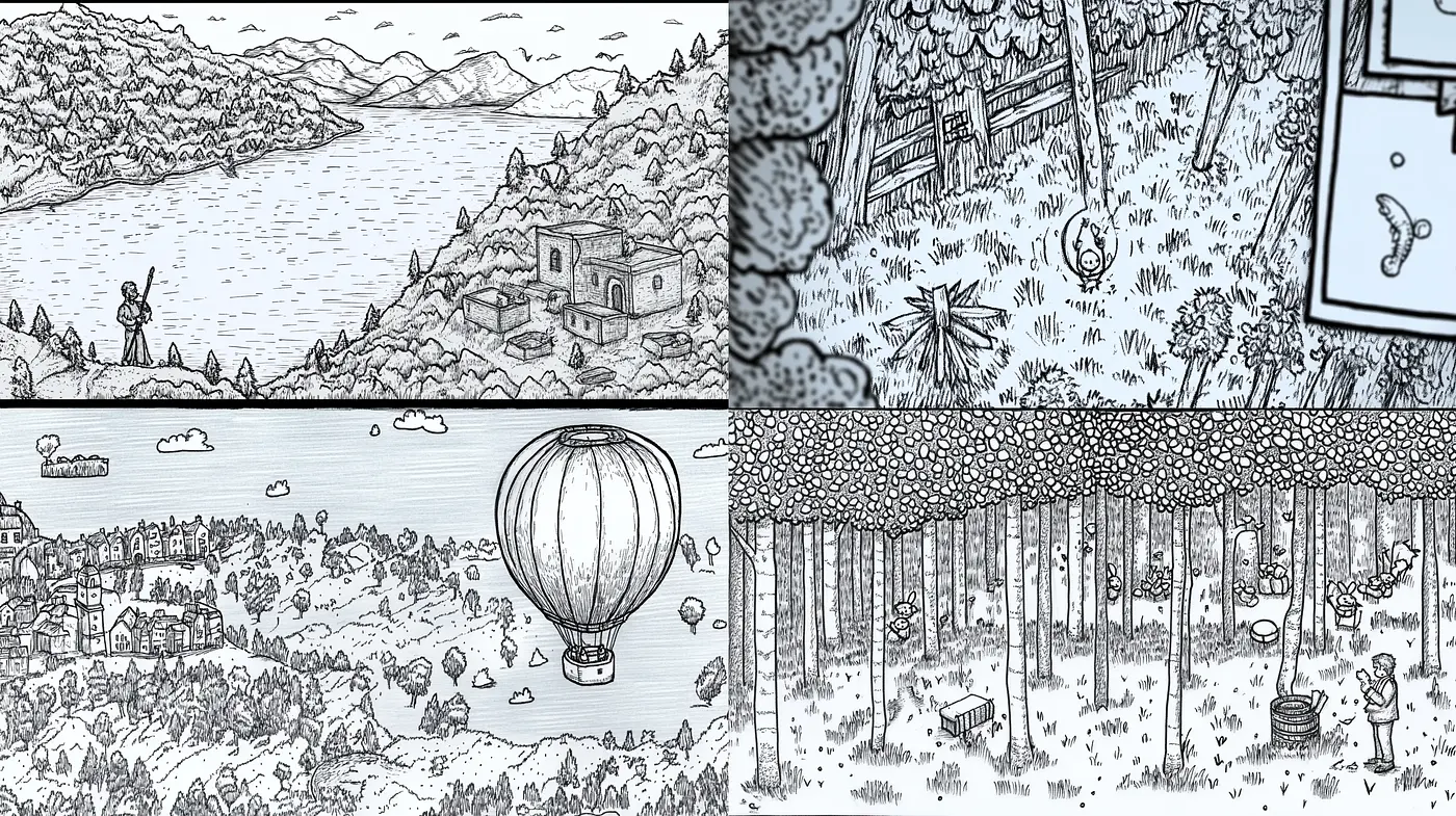 Monochrome Pen and Ink Storybook Illustration Collection - Midjourney sref style