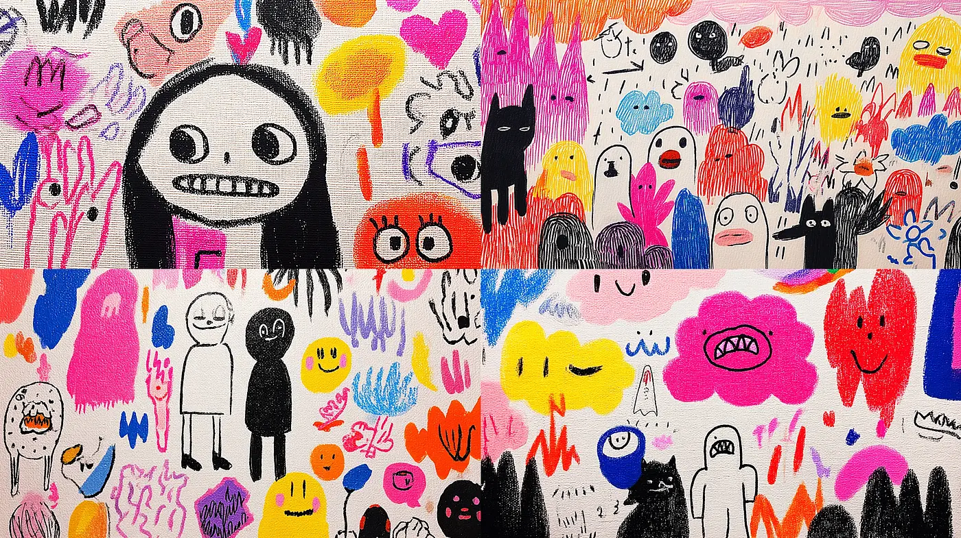Whimsical and Colorful Abstract Illustrations with a Childlike Charm - Midjourney sref style