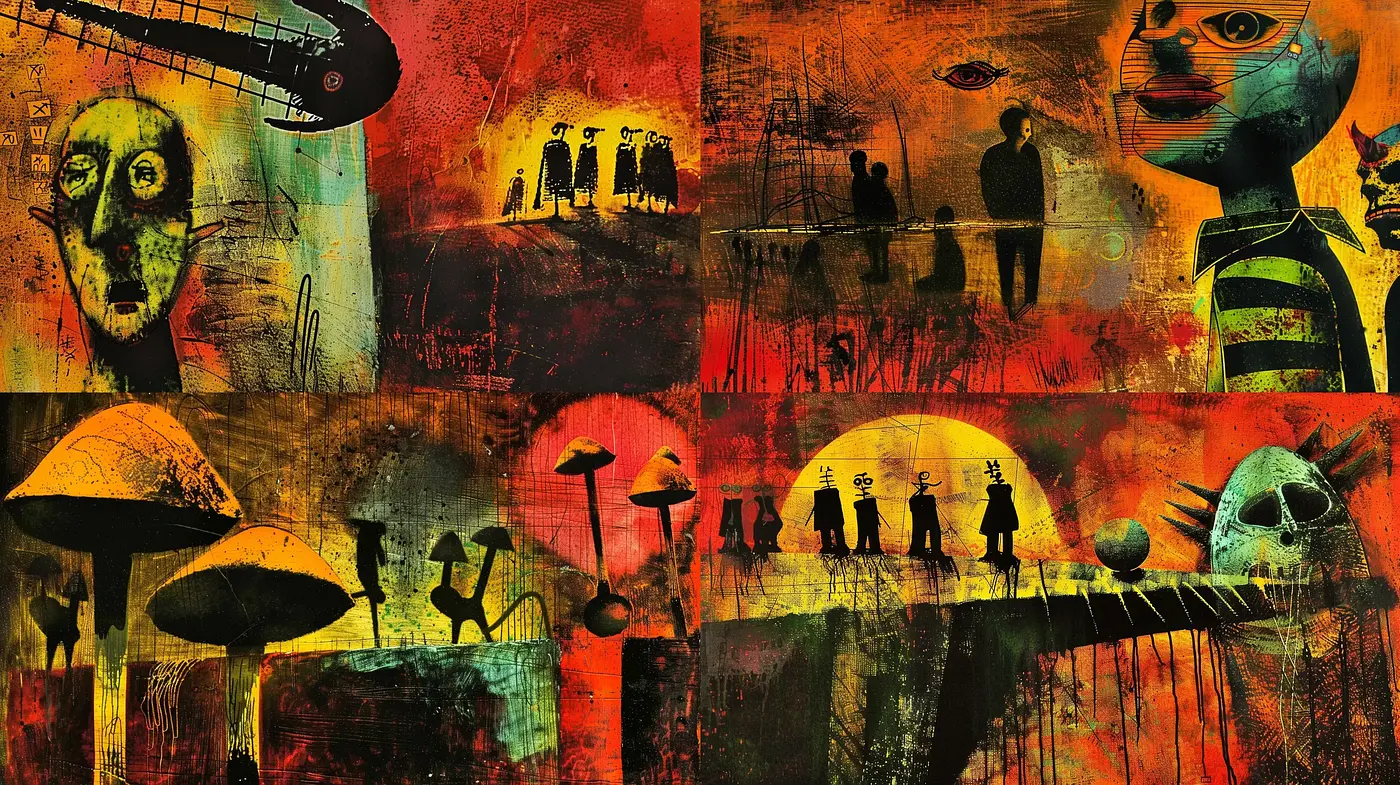 Abstract Eclipses of Melancholy: A Fusion of Dark Surrealism and Textured Impression - Midjourney sref style
