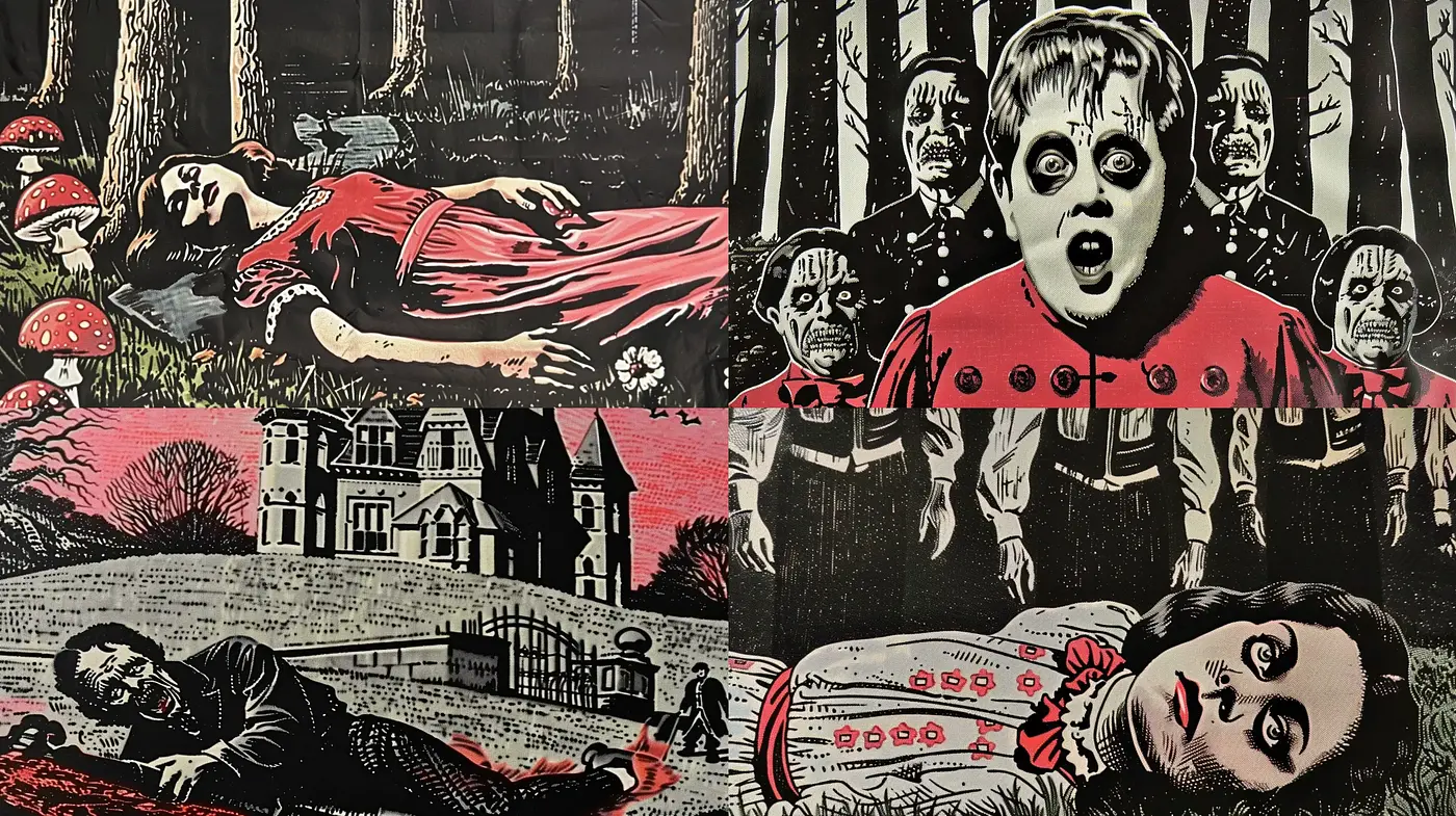 Eerie Expressionistic Woodcut Horrorscape - Midjourney sref style